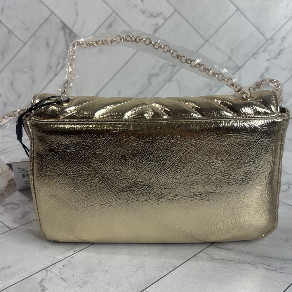 NWT Nicole Miller Womens Gold Chevron Quilted Faux Leather Chain Crossbody Bag - Picture 3 of 11